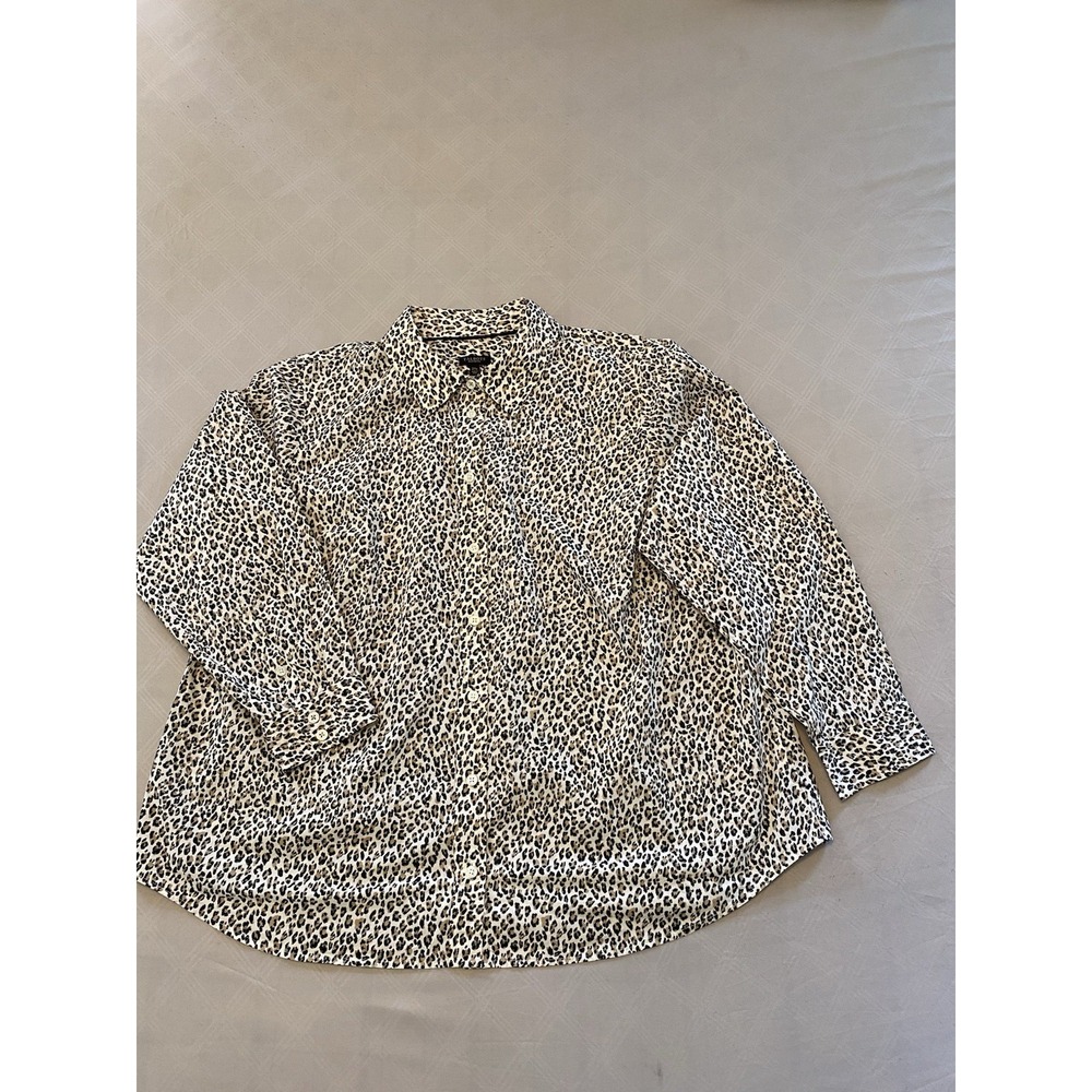 Talbots Women's Petite 2XP Leopard Print Button-Up‎ Collared Long Sleeve Cotton